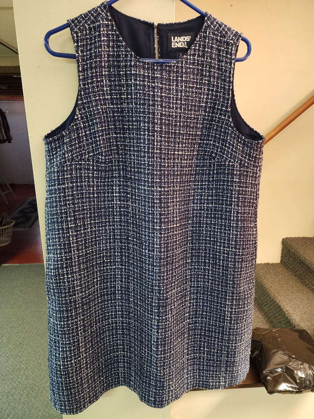Lands' End Navy and White Tweed Sheath Dress - Sleeveless Sz L